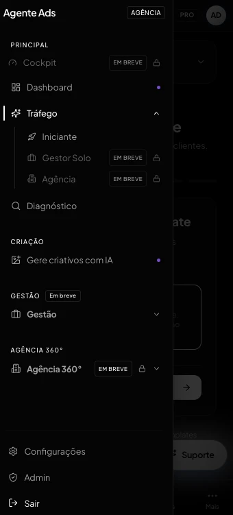 Pantalla del Agente Ads en el móvil mostrando el sistema de creación de campañas con IA